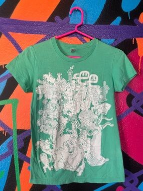 Mike Perry Illustrated Screenprint Artwork on American Apparel teal baby tee